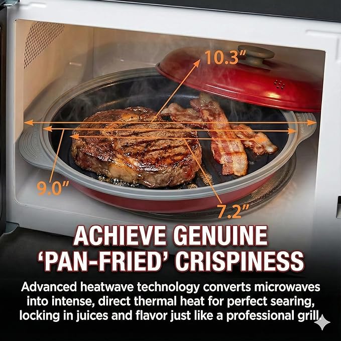 MACONEE Microwave Grill Pan | Microwave Griller, Griddle & Crisper Pan with Lid for Grilling, Browning, and Crisping Foods Microwave Cookware for Grill Meat, Sandwich & Vegetable inside a Microwave