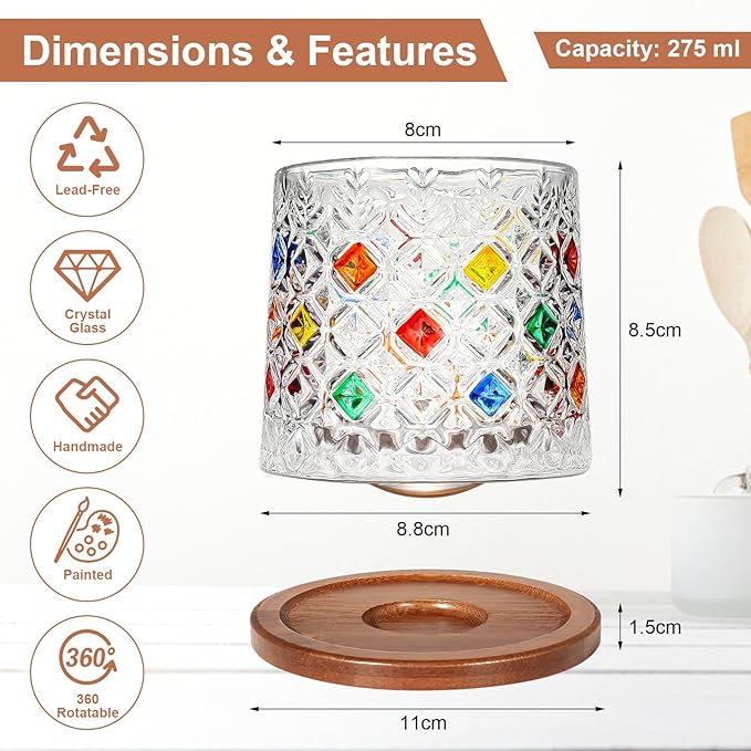 Rotatable Old Fashioned Glass Cup, 10oz/275ml Crystal Whiskey Glass, Wood Coaster, Thickening, Used as Rum Glass, Cocktail Cup, Coffee, Milk to Relax and Reduce Stress, Ideal Gift, Christmas gifts