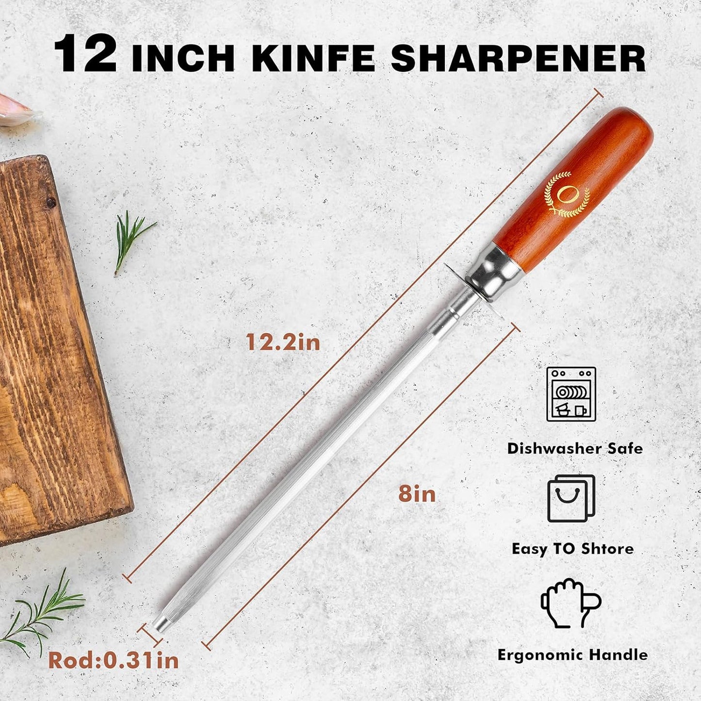 Knife Sharpener Rod, Kitchen Knives Sharpener Carbon Steel Professional Knife Sharpening Steel, Honing Rod with Hanging Holes (13 inches), O