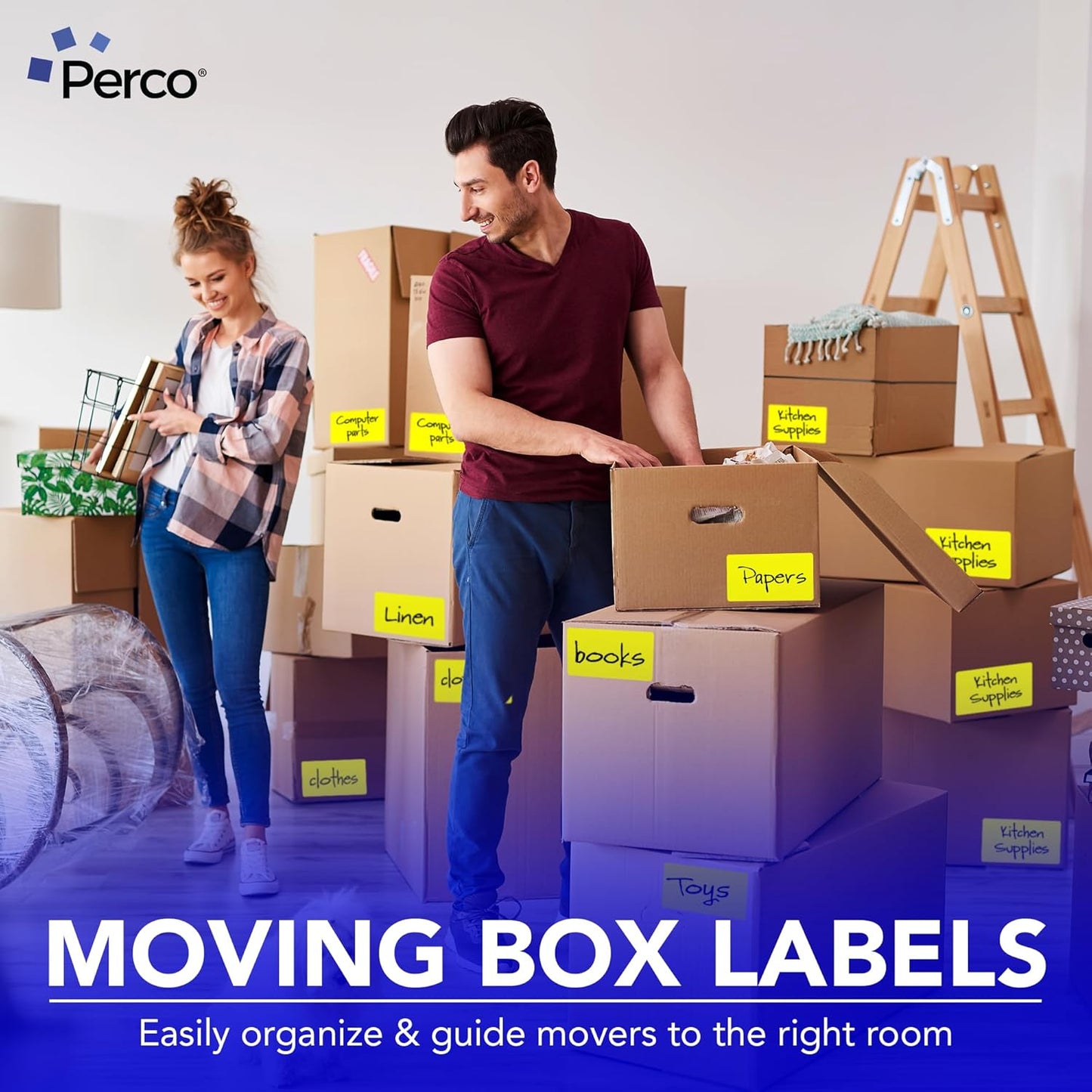 Perco Fluorescent Yellow Labels 3x5 Inch 500 Stickers/Roll with Easy Peel Perforation and Strong Adhesion for Inventory Management, Color Coding, Moving Boxes, Retail, Organizing & Crafts–Made in USA