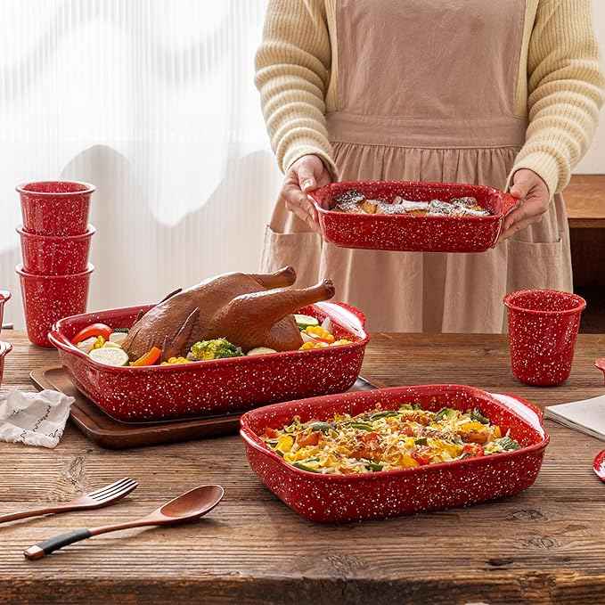 3-Pack Ceramic Lasagna Pan,Heavy-Duty Rectangular Baking Dishes, High Heat Resistant Oven-Safe Stoneware Casserole with Handles,Home Baking,Speckle Series(13.8''/12''/9.6'' Red)