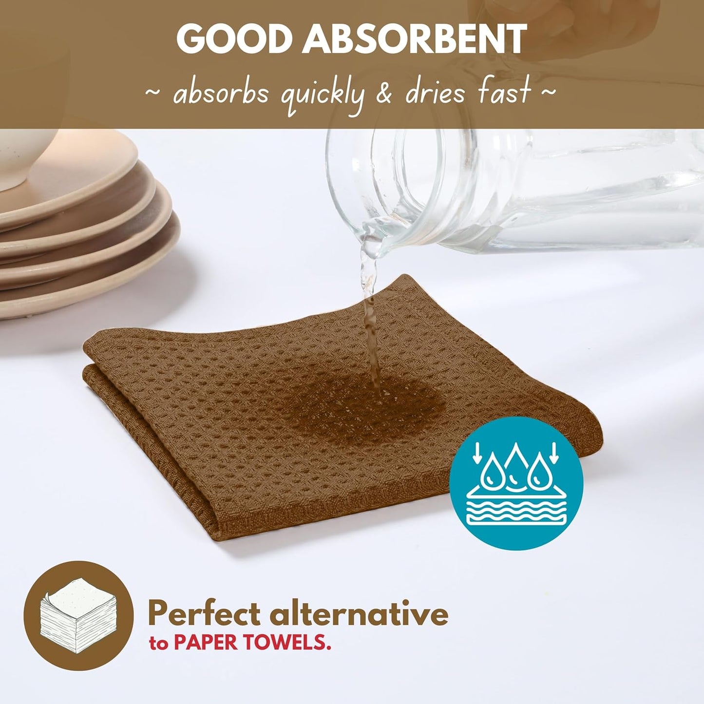Native Fab Cotton Dish Towel 4 Pack Waffle Weave Tea Towels for Cleaning Drying, 16x26 inches, Soft & Absorbent Washcloths, Kitchen Towel with Hanging Loop, Dish Cloth Set, Brown