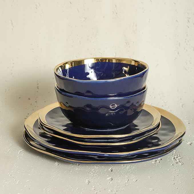 Stone Lain Florian Modern Porcelain Dish Set, 32-Piece Dishes for 8, Gold and Blue