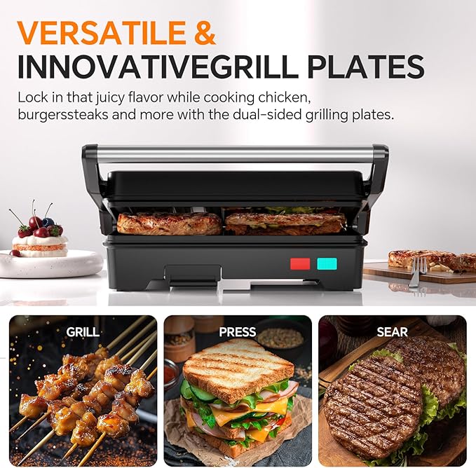 Panini Press Grill, 1000W Sandwich Maker with Non-Stick Coated Plates, Opens 180 Degrees for Any Size of Food, 3-in-1 Sandwich Press Electric Grill, Stainless Steel Surface and Removable Drip Tray