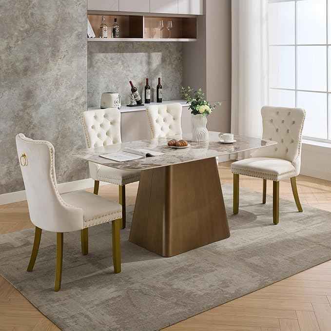 Velvet Dining Chairs Set of 4, Kitchen & Dining Room Chairs, Upholstered Dining Chairs with Back Ring Pull and Golden Solid Wood Legs, Modern Tufted Kitchen Chairs for Dining Room, Cream