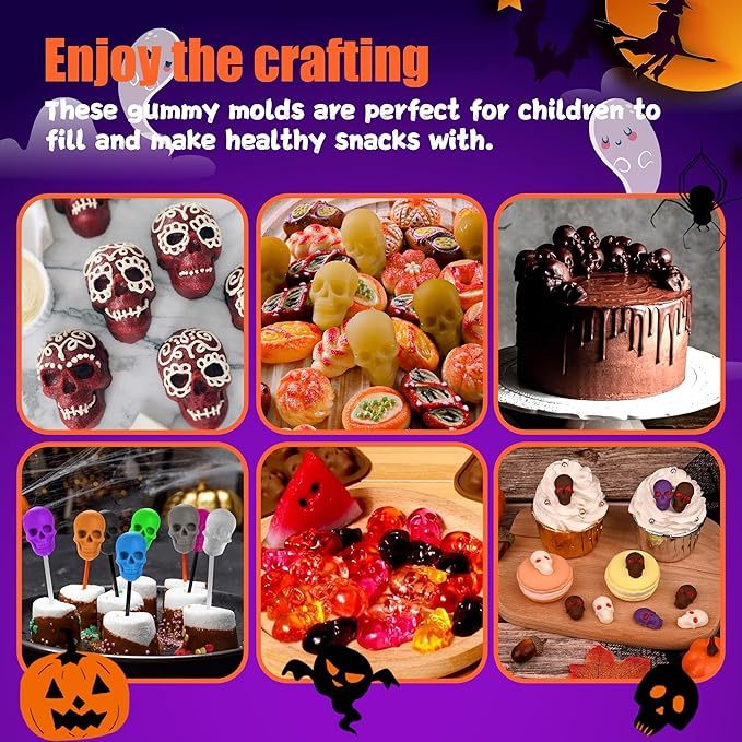 3 Pack Halloween Gummy Skull Candy Molds Silicone,Halloween Mini Skull Mold with 2 Droppers for Chocolate, Candy,Ice Cube - Orange，Red，Black