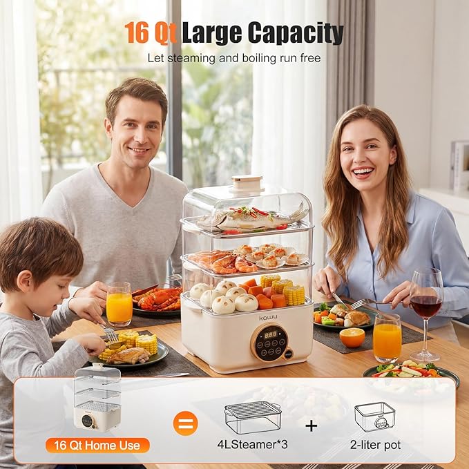 Kawu 16 Quart Food Steamer for Cooking, 4-Tier Electric Vegetable Steamer Hot Pot with Stainless Steel Tray, 1100W Fast Heating, 12H Timer, Keep Warm, Digital Steam Cooker for Grains, Meat & Sea Food