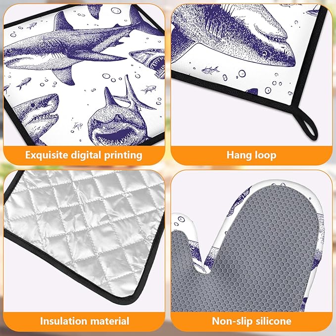 Cool Shark Oven Mitts and Pot Holders Sets 4Pcs Silicone Non-Slip Mitts Heat Resistant Gloves Hot Pads for Kitchen Cooking Baking Grilling BBQ