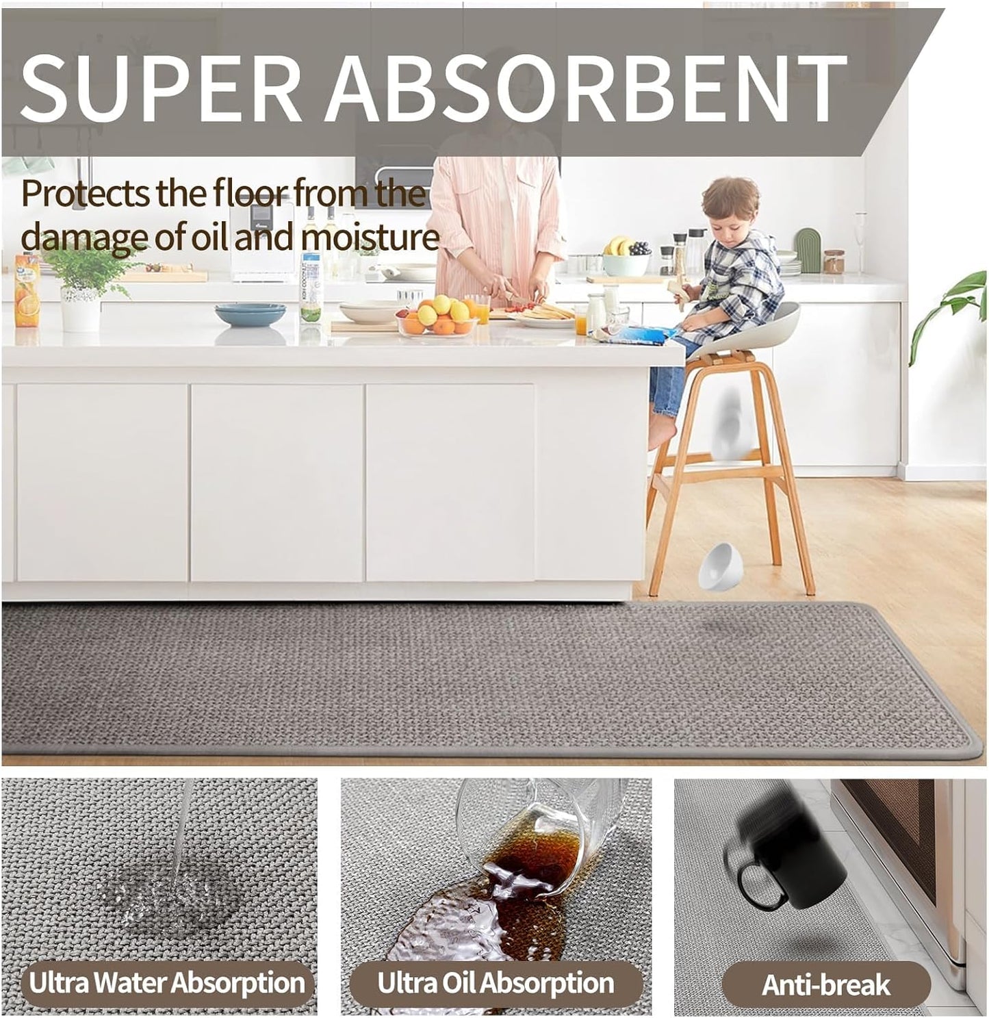 Kitchen Mats for Floor, Super Absorbent Kitchen Rugs Non Slip Washable, Soft Imitation Linen Braided Runner Rug, Standing Mat Kitchen Sink Mat, Easy to Clean, Gray 17x71