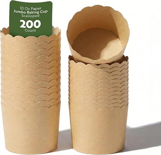Restaurantware Panificio Premium 10 oz Kraft Paper Jumbo Baking Cup: Paper Baking Cups Perfect for Muffins Cupcakes or Mini Snacks - Scalloped - Disposable and Recyclable - 200ct Box