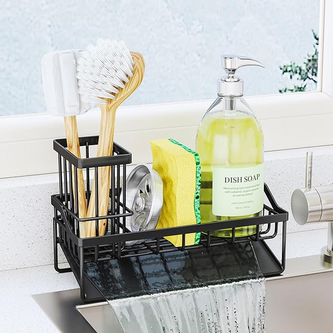 SWTYMIKI Sink Caddy Sponge Holder - Kitchen Sink Organizer with Stainless Steel Self Drain Tray & High Brush Holder for Countertop to Hold Dish Soaps and Sponges, Stainless Steel, Black