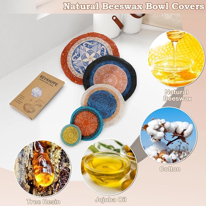 5-Size Reusable Beeswax Bowl Covers for Bread Proofing, Cotton Cloth Flexible Beeswax Wraps for Food Storage(Concentric Circle)