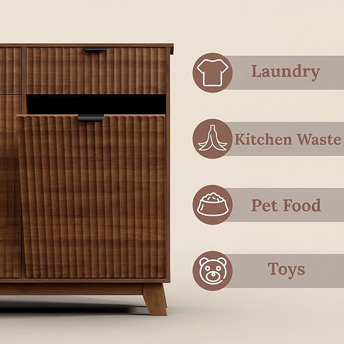 Double Tilt Out Laundry Hamper Cabinet, 20 Gallon Wooden Trash Can Cabinet with Storage Drawers, Hidden Fluted Bathroom Storage Cabinet for Kitchen, Living Room (Walnut Wood, 39.34"W x 35.83"H x 13"D)