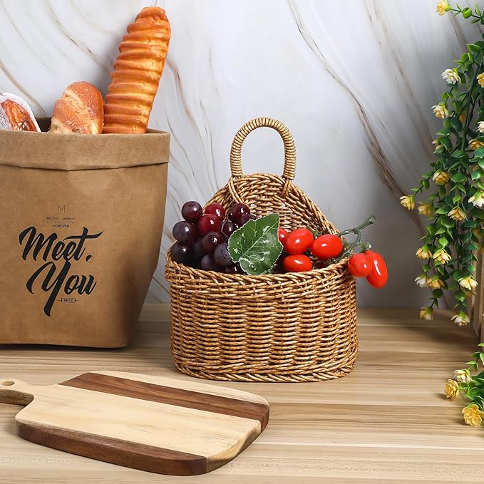 Cabilock Woven Hanging Storage Basket for Kitchen 9.64X7.48X3.93In Rustic Wall Organizer for Garlic Ginger with Large Capacity