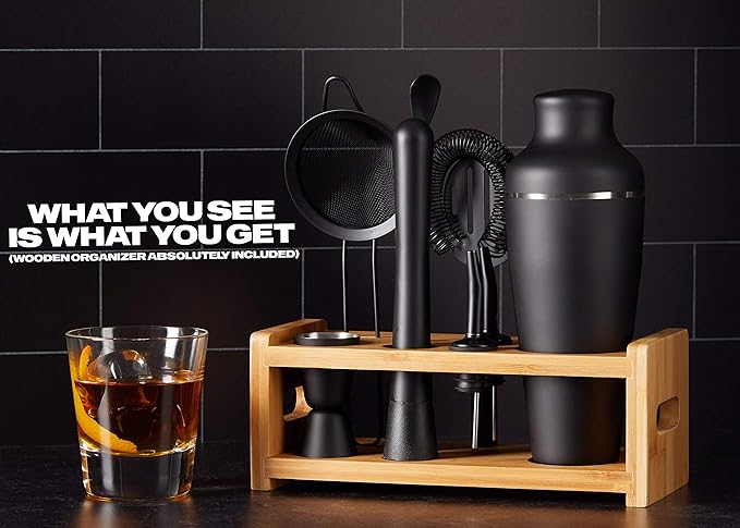 9-Piece Cocktail Shaker Bartender Kit with Stand, Boston Shaker, Mixing Spoon, Muddler, Measuring Jigger, Mesh and Regular Strainer, Liquor Pourers and More Professional Bar Tools