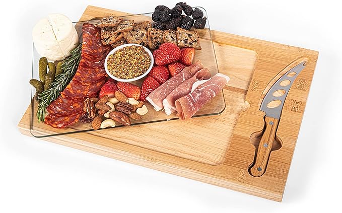 PICNIC TIME NHL Seattle Kraken Hockey Rink Icon Glass Top Cutting Board & Knife Set, Cheese Boards Charcuterie Boards, Serving Platter, (Parawood & Bamboo)