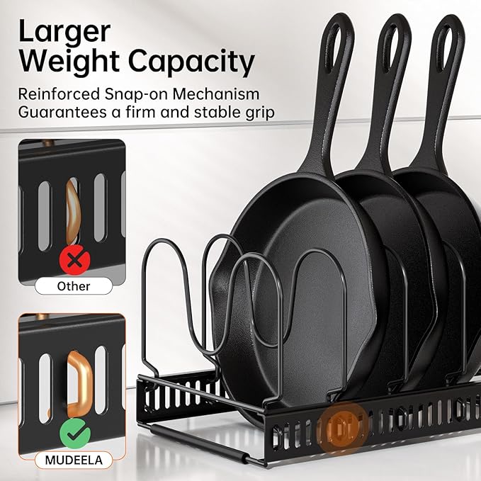 MUDEELA 2 Pack Pots and Pans Organizer Rack for under Cabinet, Expandable Pot Lid Kitchen Cabinet Organizer Holder with 10 Adjustable Compartment Cutting Board Organizer for Pan Lid, Bakeware Sheet