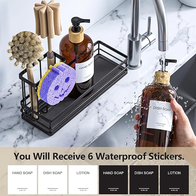 Moforoco Kitchen Dish Soap Dispenser Set, 16OZ Glass Bottle, Hand and Dish Soap Dispenser Set, Instant Dry Tray, Brush Holder with Smiley Face Sponge Holder (Black Tray+Amber Bottle+Labels)