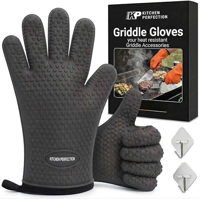 KITCHEN PERFECTION Silicone Oven & Griddle Gloves -Extreme Heat Resistant BBQ & Grilling Gloves -Handle Hot Food Right on Your Griddle |Waterproof Oven Mitts Grill Gloves |Superior Set+3 Bonuses