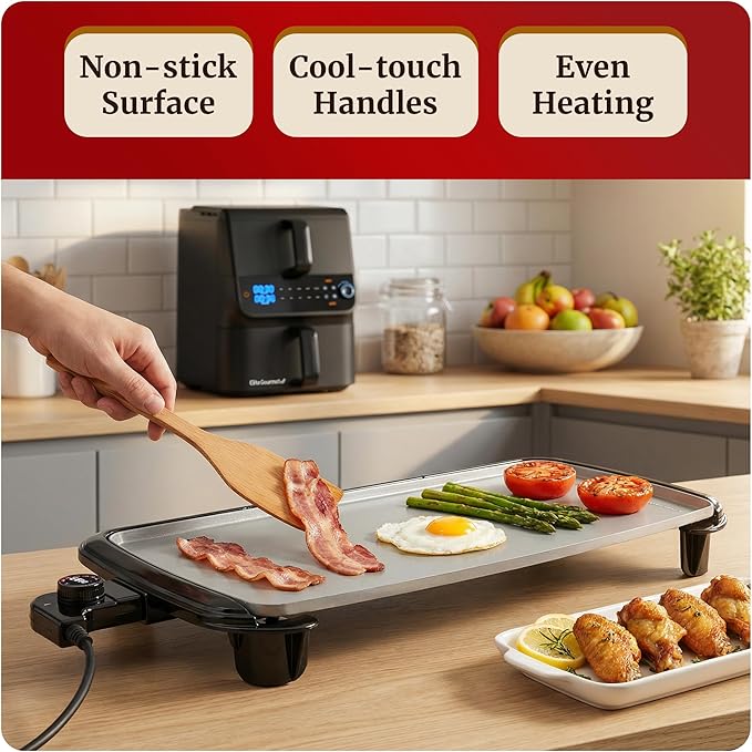 Elite Gourmet 10" x 20", Electric Griddle, Large PFAS-Free Ceralast™ Ceramic Non-Stick Surface Cool-touch Handles, Removable/Adjustable Thermostat, Easy to Clean Removable Grease Tray, Black/Grey