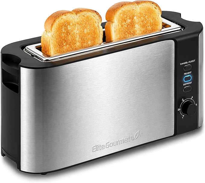 Elite Gourmet ECT3200 2-Slice, 1 Long Slot, Slim Toaster, Reheat, 6 Toast Settings, Defrost, Cancel Functions, Built-in Warming Rack, Extra Wide Slots for Bagels Waffles, Stainless Steel & Black