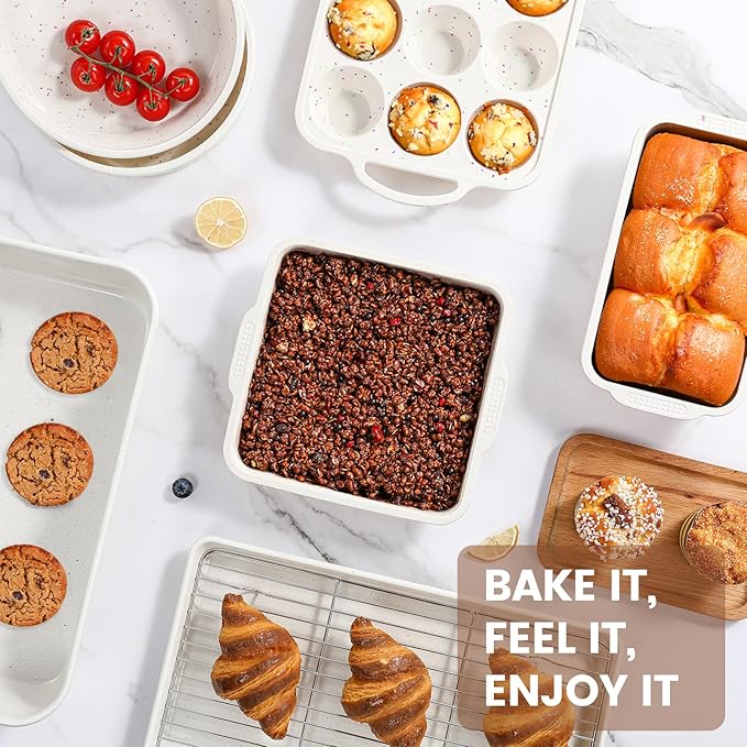 Vinino 8-Piece Baking Pans Set Nonstick, Bakeware Set includes Silicone Muffin, Loaf, Cake Pans with Metal Reinforced Frame, and Carbon Steel Roasting Pan, Cookie Sheet, Cooling rack for Oven-Cream
