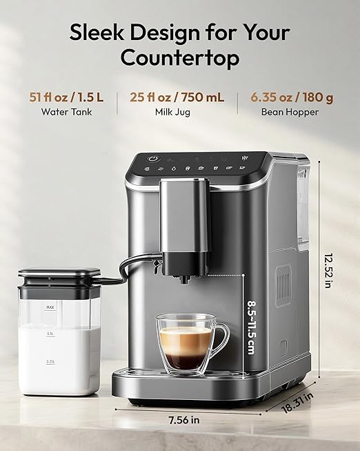 EUHOMY Fully Automatic Espresso Machine, 20 Bar Coffee Maker with Grinder and Integrated Milk Frother, Automatic Espresso Machine with Touch Screen, 15-Grind Settings Coffee Machine for Home, Silver