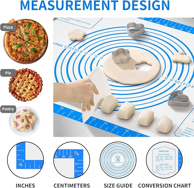 Silicone Pastrty Mat for Dough Rolling, Silicone Baking Mat with Measurement, Fondant Mat for Making Cookies Macarons Bread Pizza Oven Mat, Silicone Mat for Baking