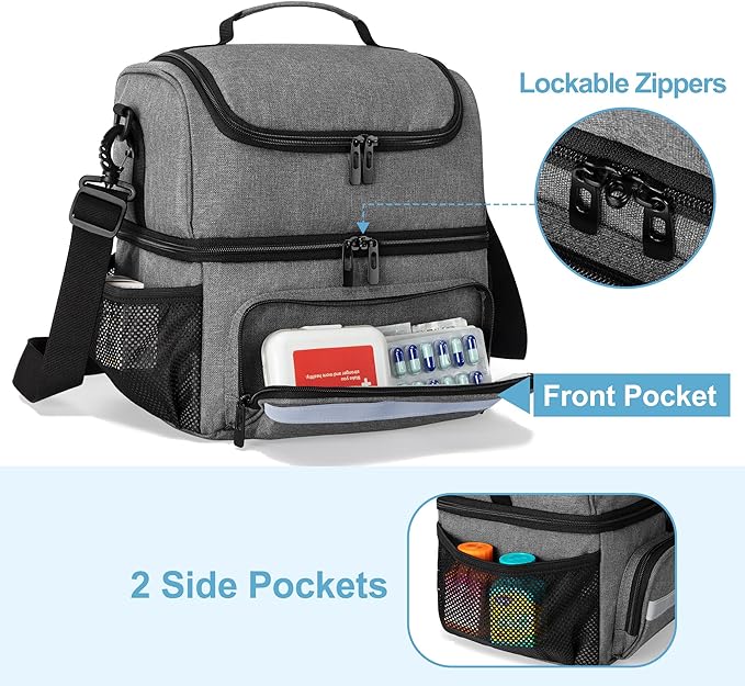 CURMIO Double Layers Medicine Storage Bag, Pill Bottle Organizer Bag with Inner Dividers, Medication Travel Bag for Vitamins, Supplements, Prescription Bottles, Medical Supplies, Gray (Patent Design)