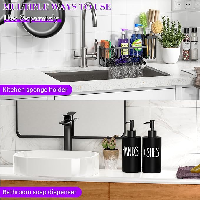 MASADI Kitchen Dish Soap Dispenser Set with Sponge Holder, 12OZ Glass Bottle, Hand and Dish Soap Dispenser Set, Non-Slip Silicone Pad, Brush Holder, Kitchen Sink Organizer Countertop (Black)