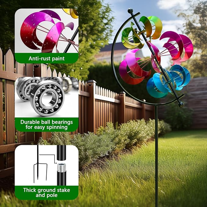 Large Metal Wind Spinner for Garden and Yard – 63 Inch Kinetic Outdoor Sculpture with Dual Direction 360° Spinning Blades – Weather Resistant Moons Yard Art Decor for Patio, Lawn, and Porch