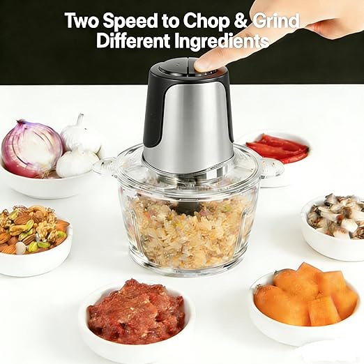 Simple Deluxe Food Processor, 450W Electric Food Chopper with 2 Bowls (8 Cup+8 Cup) & 2 Bi-Level Blades, Small Electric Meat Grinder Processor for Nuts, Fruits, Meat, Vegetable, Baby Food, Silver