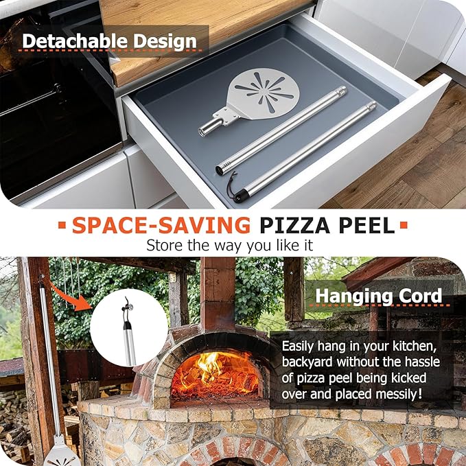 7 Inch Pizza Peel Turning, Joyfair Perforated Pizza Turner with Long Detachable Handle, Stainless Steel Spatula Paddle for Rotating Sliding, Metal Tools Oven Accessories, Easy Cleanup (SS Handle)