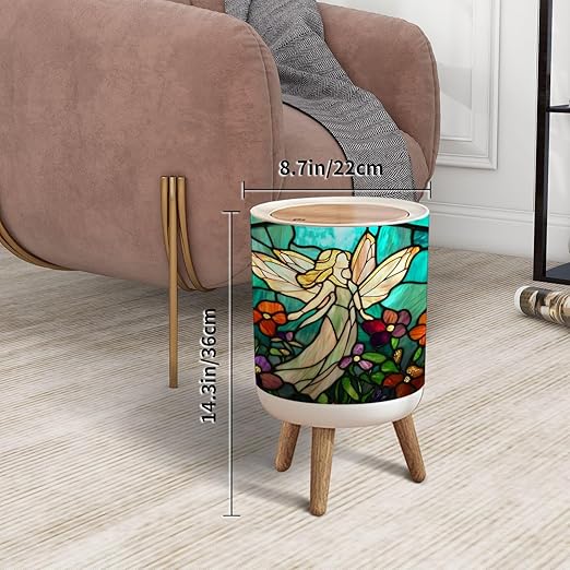 Trash Can with Lid Teal Fantasy Glass Art Flower Fairy Sunset Flowers Press Top Round Small Garbage Bin with Wooden Legs Waste Basket for Kitchen Bedroom Nursery 7L/1.8 Gallon
