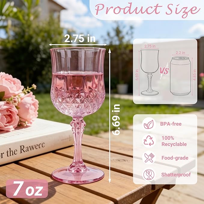 Plastic Wine Glasses, Plastic Goblets Vintage Style Cordial Unbreakable Drinking Glasses,Reusable Drinkware for Wedding Reception, Grand Event Party Supplies, Mother's Day(12, Pink)