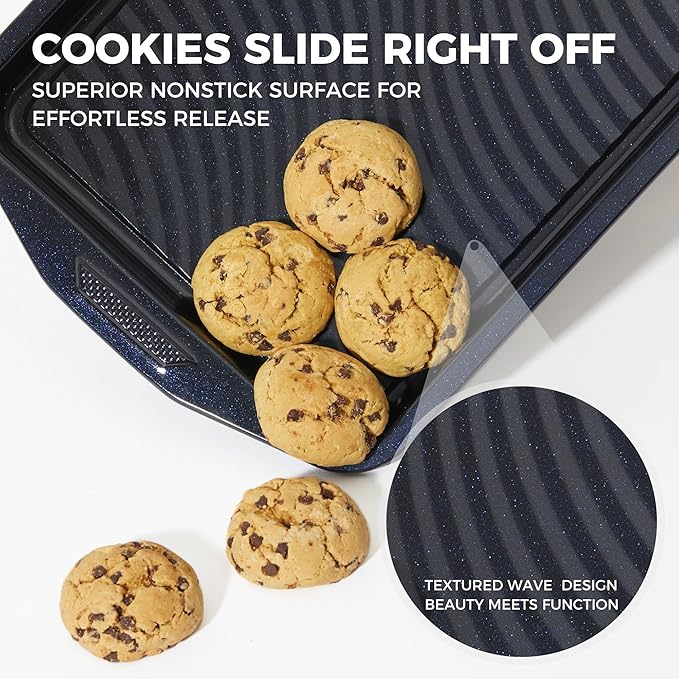 HONGBAKE 9-Piece Non Stick Bakeware Sets with Wave Texture for Reduced Grease, 0.8mm Thick Non Toxic Baking Pans Set, Includes Stackable Cookie Sheets for Oven Cooking, Shimmer Blue