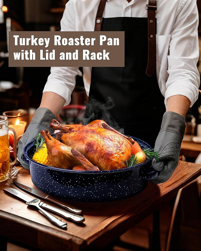 Roasting Pan with Lid and Rack 18" Deep Large Oval Enamel Roaster Pan, Oven Dishwasher Safe Non-Stick Non-Toxic Baking Pan for Chicken Turkey Ham Steak Roasts & Bread Birthday Mothers Day Gift