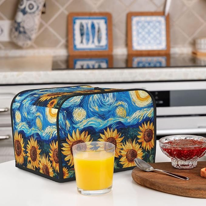 Starry Sky Sunflower Covers for Toasters 4 Slice,Cute Funny Bread Machine Cover with Handle,Washable Stain Resistant Kitchen Small Appliance Cover Dining Decor