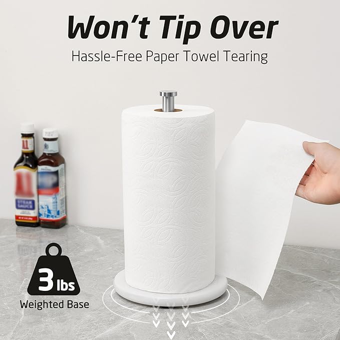 KES Paper Towel Holder Countertop, Kitchen Standing Paper Towel Roll Holders with Natural Marble Base for Standard or Jumbo-Sized Rolls Brushed Finish, KPH100-2