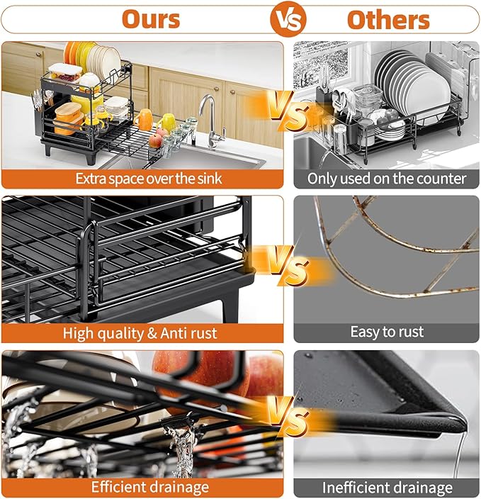Urackify Dish Drying Rack - Extendable Dish Drainer, Large Dish Rack for Kitchen Counter, Rustproof Dish Strainer with Utensil Holder and Cups Holder, 2 Tier Black