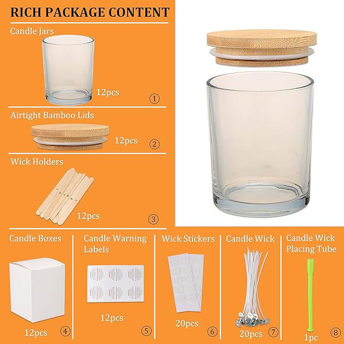 MILIVIXAY 12 Pack 12 OZ Clear Glass Candle Jars with Lids and Candle Making Kits - Bulk Empty Candle Jars for Making Candles - Spice, Powder Containers.