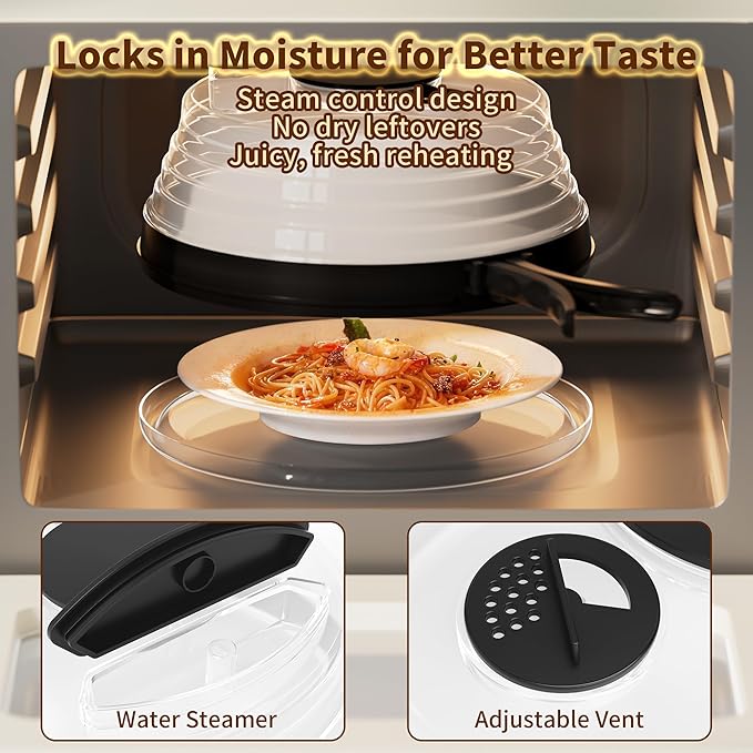 10 inch Microwave Splatter Cover for Food with Water Steamer, Collapsible Plastic & Silicone Microwave Plate Cover with Handle and Anti-Scald Base Plate, Kitchen Cooking Guard, Black