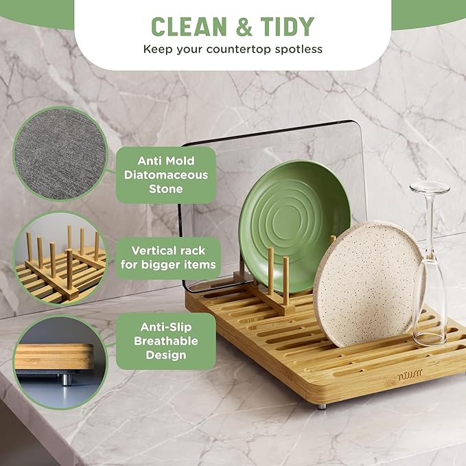 NIUM Stone Drying Mat for Kitchen Counter & Bamboo Rack - 16″x12″ - Diatomaceous Earth Dish drying mat Ultra Absorbent & Fast Drying - EcoFriendly with Non-Slip Pads & Anti-Moisture Design