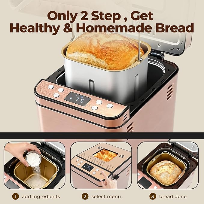 Rosewill 25-in-1 Automatic Bread Maker Machine with 3 Loaf Size up to 2 Lb, 700W High Power Dual Heater Bread Maker with BPA-free Nonstick Coating Pan, Max 15 Hours Delay Timer, Low Noise - Cinnamon
