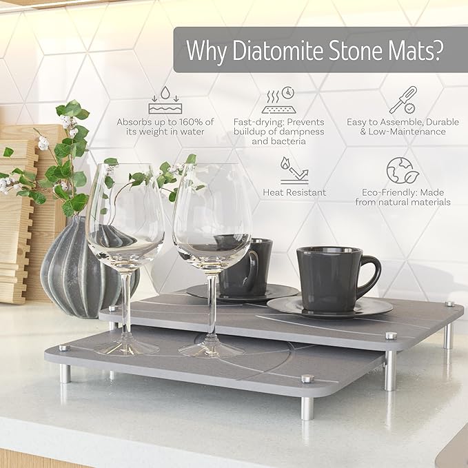 Nested Dish Drying Stone Mat with Bamboo Rack | 2 Pcs Diatomaceous Earth Stone Drying Mats for Kitchen Counter with Non-Slip Feet | Collapsible Large Drying Stone for Dishes (Light Gray)