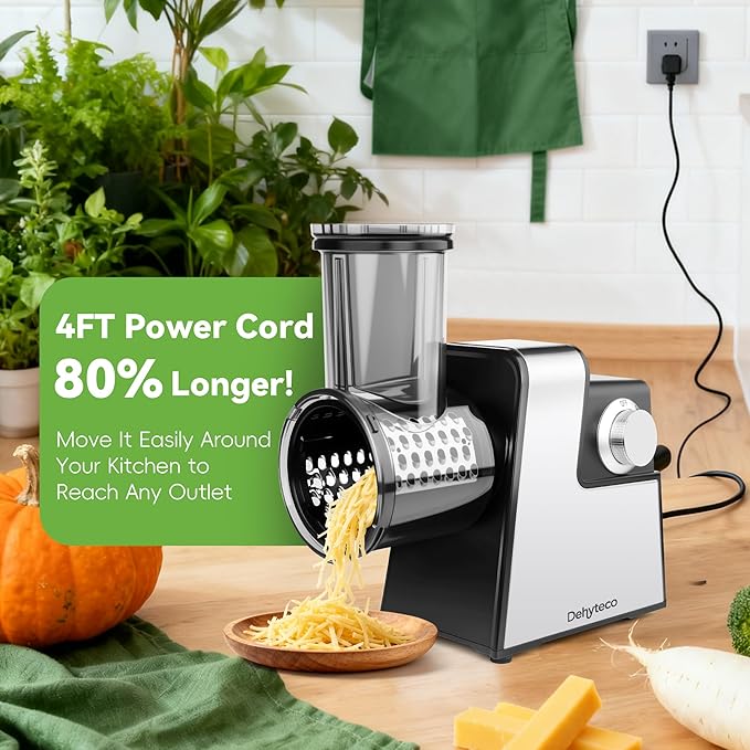 Electric Cheese Grater 7 in 1, Stainless Steel Salad Shooter, Food Slicer Shredder Chopper with Rotary Switch, 300W, for Block Cheese Vegetables Cucumber Carrots