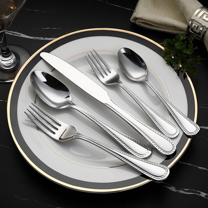 Amazon Basics Silverware Set, Stainless Steel Flatware, Dishwasher Safe, Easy to Clean, Service for 4, 20-Piece Forks and Spoons, Pearled Edge