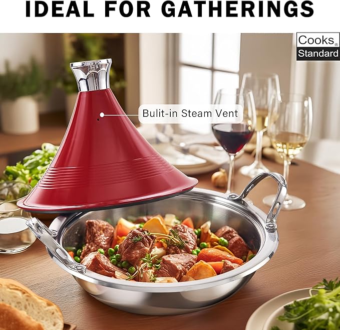 Cooks Standard Moroccan Tagine Pot 3.6 Qt, 11 Inch Multi-Ply Clad Stainless Steel Pan with Dual Handles, Clay Pot Alternative for Slow Cooking, with Conical Die-Cast Aluminum & Glass Lid, Red
