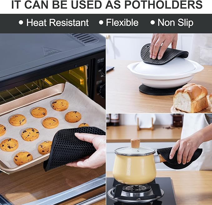 Silicone Trivet Mats, 4 Pack Hot Pads Pot Holders for Kitchen, Heat Resistant Non-Slip Trivets for Hot Dishes, Hot Pots and Pans, Countertop, Table, Food Grade Silicone & BPA Free, Black