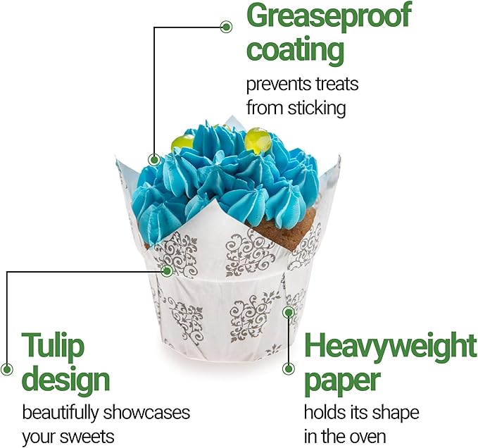 Restaurantware Panificio 1.2 Ounce Baking Cups 200 Tulip Cupcake Liners - Oven-Ready Freezable Black And White Paper Muffin Cases Disposable Vintage Floral For Wedding Parties Baby Showers
